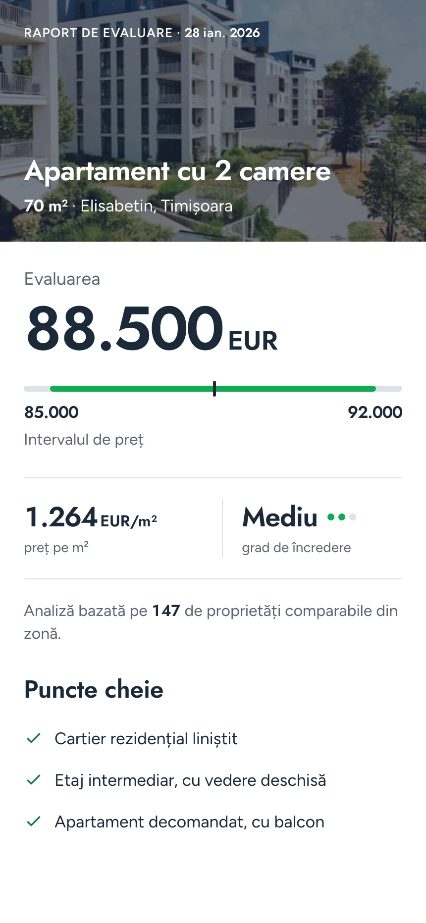 Primul ecran al unui raport de evaluare: 88.500 EUR.
